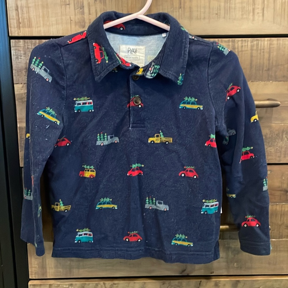 Little sleepies play longer sleeve polo. Christmas print used- good condition